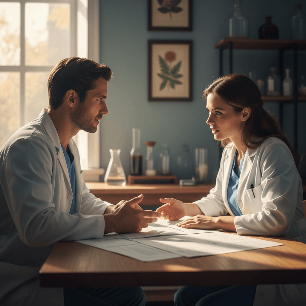 Physician consulting with laboratory specialist about diagnostic test results