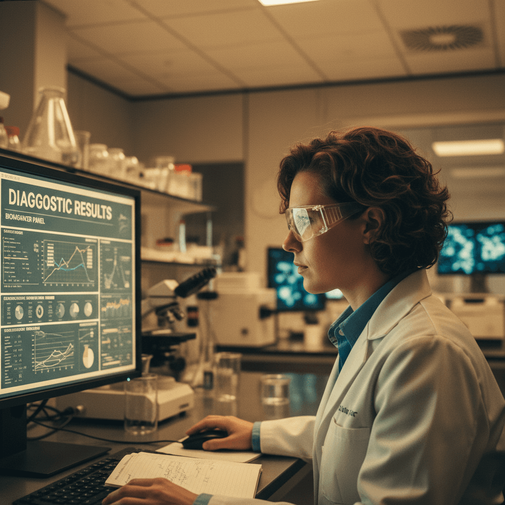 Technician reviewing Parkinson's diagnostic test results on a laboratory computer display