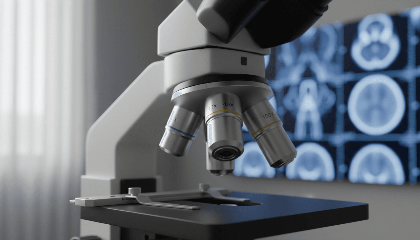 Microscope lenses in focus with blurred brain scan background.