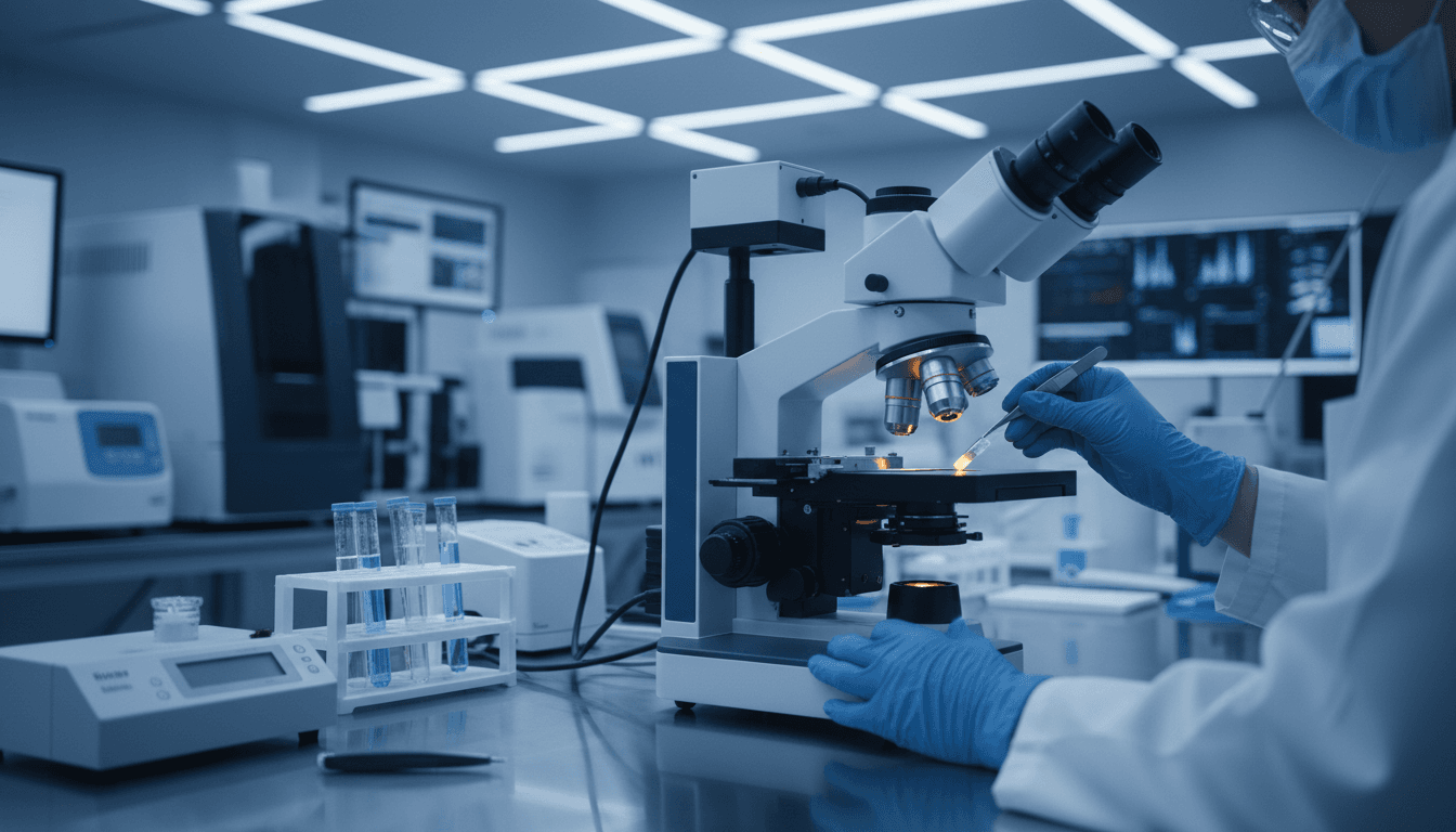 Technician analyzing diagnostic sample in clinical laboratory setting