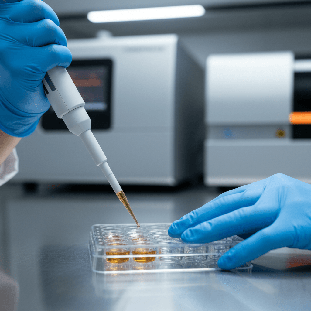 Researcher in blue gloves pipetting genetic sample into microplate well under laboratory lighting