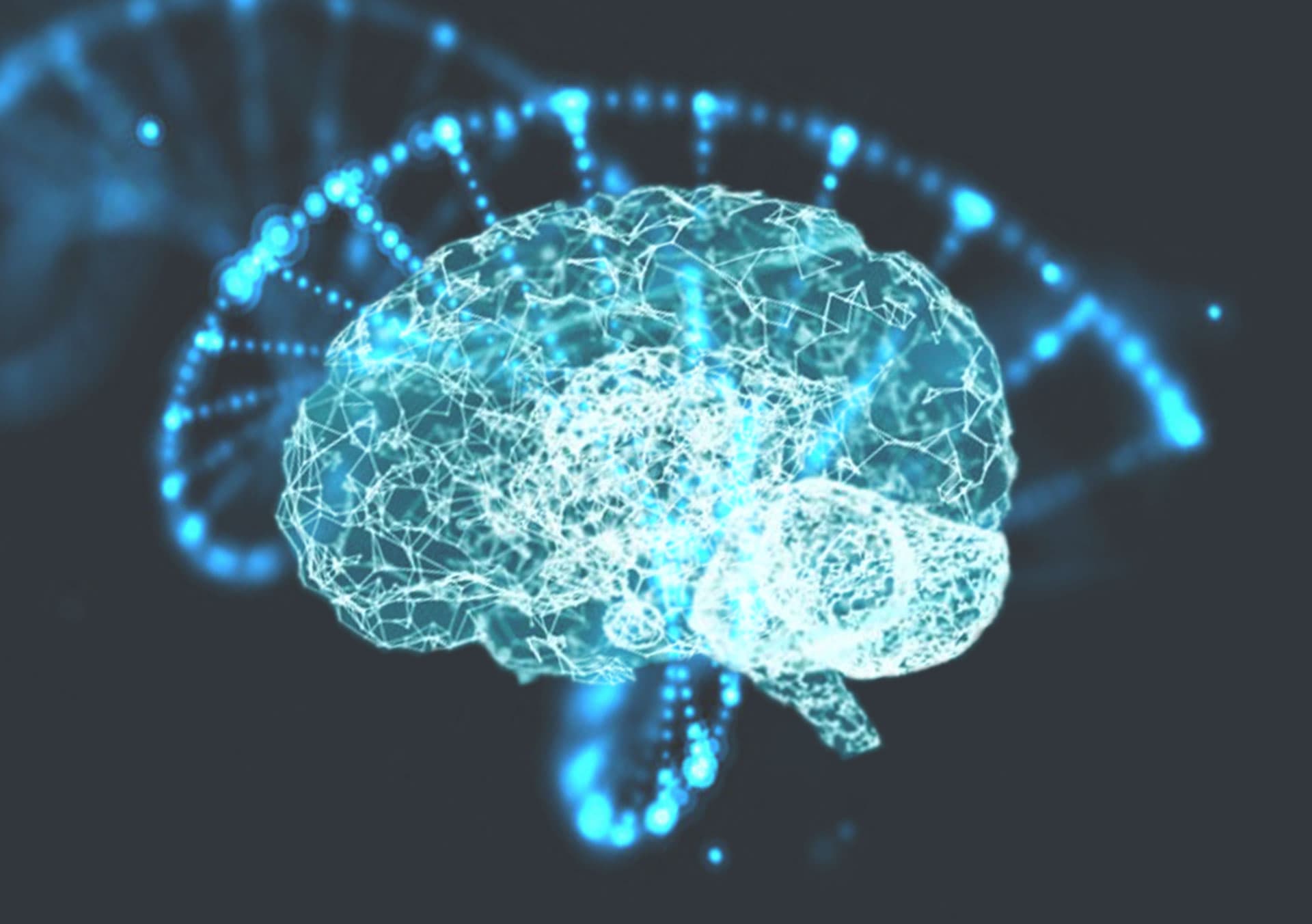 Futuristic blue wireframe brain with glowing neural network and DNA helix.